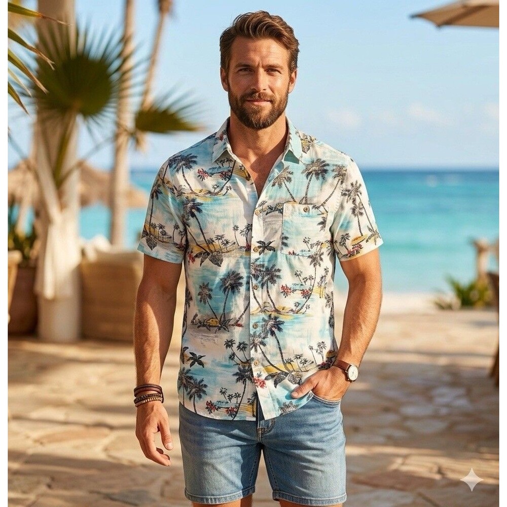 Campia Moda Shirt Men’s L Multicolor Hawaiian Beach Palms Short Sleeve Easy Care